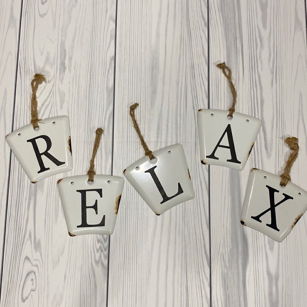 Antiqued/ Distressed Faux Enamel Metal Letters Tags RELAX
